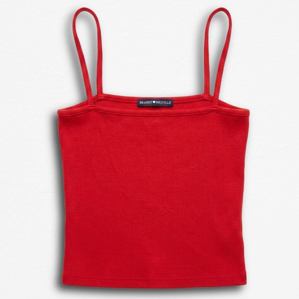 Brandy Melville Red Ribbed Tank Top Square Neck Spaghetti Strap Cropped Camisole